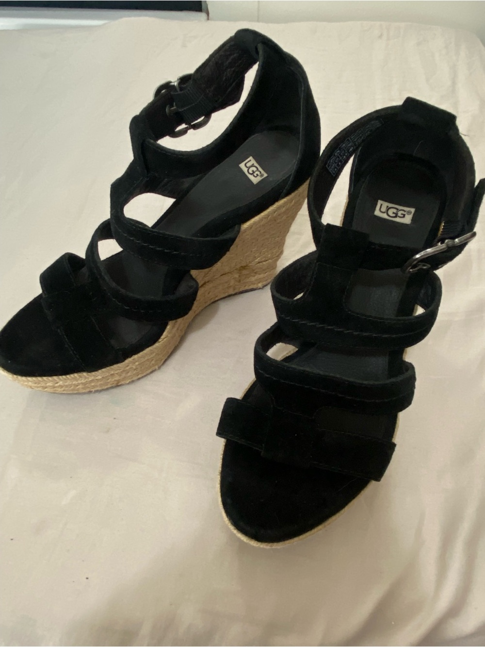 UGG Lauri Black Suede Gladiator Espadrille Wedge Sandals